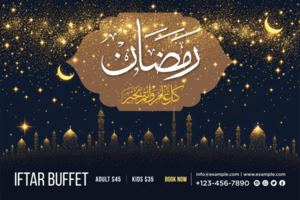 Ramadan Kareem Iftar Party Banner Design with Sparkling Glitter, Hanging Crescent Moon, and Festive Lanterns psd