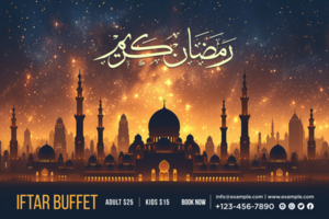 Iftar Buffet Ramadan Banner with Stylish Hanging Lanterns and a Warm Festive Celebration Theme psd