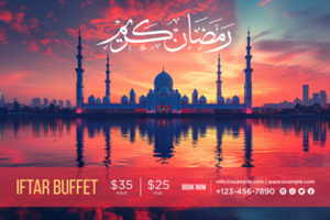 Ramadan Iftar Buffet Banner with Stylish Arabic Typography and Ornamental Lanterns in a Festive Theme psd