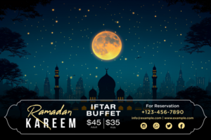 Stylish Ramadan Iftar Party Banner with Elegant Calligraphy and Sparkling Hanging Lanterns psd
