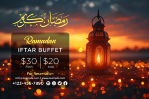 Ramadan Iftar Buffet Banner Design Template with Crescent Moon, Stars, and Festive Lanterns for Celebration psd