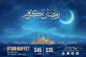 Celebrate Ramadan with an Iftar Party Banner Featuring Elegant Hanging Lanterns and Moonlit Atmosphere psd