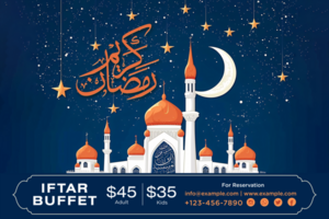 Elegant Ramadan Iftar Buffet Banner Design Template with Crescent Moon, Stars, and Festive Lanterns for Celebration psd