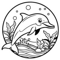 Underwater World Coloring Outline Featuring a Playful Dolphin vector