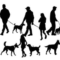 Silhouettes of People Walking a Variety of Dog Breeds Art Illustration vector