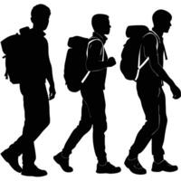 Silhouette of a Group of Men Hiking with Backpacks in Black Style vector