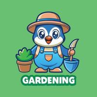 Adorable Penguin Mascot Character Gardening with Merriment vector