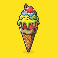 Adorable Hand Drawn Ice Cream Cone with Pink and Green Swirls vector