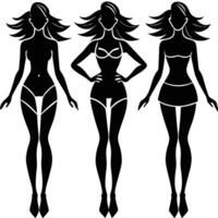 Set of Editable Black Silhouette of Slim Female Body in Different Poses vector