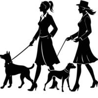 Silhouette of a Woman Enjoying a Walk with Her Dog on a Black Background vector