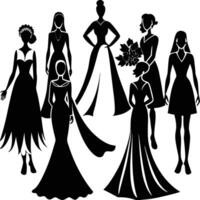 Ensemble of Brides in Silhouettes Isolated from the Background as a Graphic vector