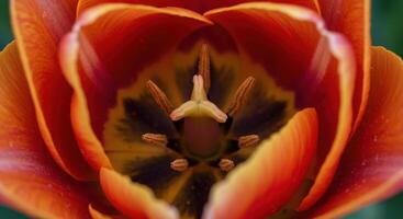 A close up of an orange tulip with a yellow center photo