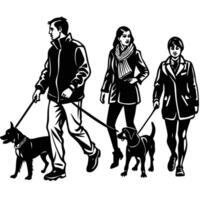 Silhouette of People Walking with Dogs on a White Background vector