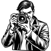 Realistic Black and White Sketch of Photographer Taking a Picture with Camera vector