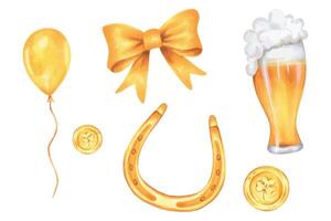Golden coin with horseshoe and beer for St. Patrick's Day. Different objects in gold color. Watercolor illustration. Hand drawn isolated art. Clipart with metallic texture. Sketch of bow with balloon vector