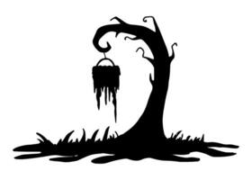 Silhouette of twisted tree with hanging sign on the ground. Hand drawn graphic illustration. Simple black doodle shape. Nature element with object. Halloween composition suitable for gothic themes vector