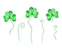 Set of shamrock clovers for good luck on St. Patrick's Day. Watercolor and marker illustrations. Hand drawn isolated sketch. Clip art of botanical spring petal for the holiday, lucky clover talisman vector
