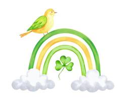 Rainbow with clouds and clover petals with bird for St. Patrick's Day. Watercolor and marker illustration. Hand drawn isolated sketch. Composition with animal for cards, stickers or template vector