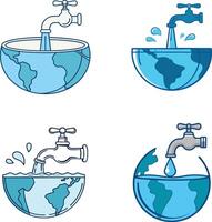 water conservation icon set with faucet and globe vector