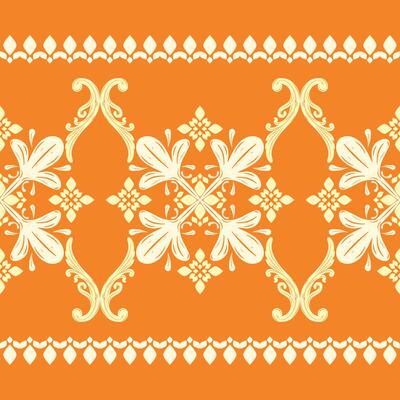 Beautiful Magnificent Fleur de lis Floral Cross Buds Seamless Pattern. Opulence Holy Border Luxury Detailed Scroll Ornament and Geometric Elaborate Design Orange Background for Lace Embroidery Rich