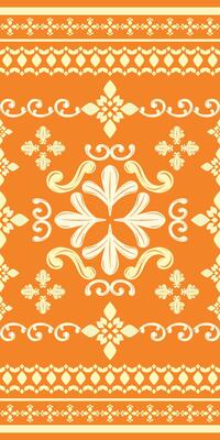 Elegance Persimmon Scroll Elaborate Ornament on Orange Background. Traditional Victorian Florals Motif Style Pattern. Detailed Border Embroidery Silk Handicraft Opulence Rich Lace Fabrics Decoration.