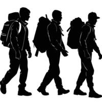 Silhouette of Group of Men Hiking with Backpacks in the Wilderness vector