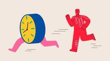 Busy man and clocks running. Concept of deadline and time pressure. Colorful illustration vector
