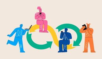 A team of devops engineers is working. Working cycle to operate and support, software management concept. Colorful illustration vector