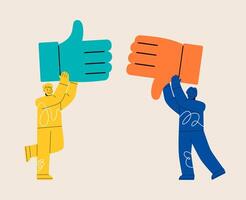 Man and woman holding like and dislike signs in hands. Voting and feedback concept. Colorful illustration vector