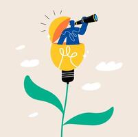 Man open lightbulb idea using binoculars to see business vision. searching for success concept. Colorful illustration vector