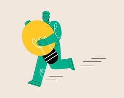 Man running with light bulb idea steal from other owner. Infringement concept. Colorful illustration vector