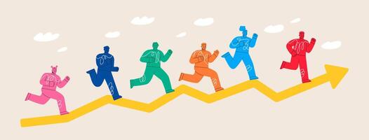 A men and women running on arrows graph of progress, success concept. Colorful illustration vector