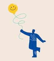Male pursuit for happy times concept. Chase balloon of joy and optimistic positivity. Colorful illustration vector