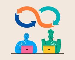 Developer team on a daily meeting. Devops software development methodology concept. Colorful illustration vector