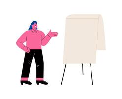 Business woman is presenting with blank board. Template for presentation. Flat illustration isolated on white background vector