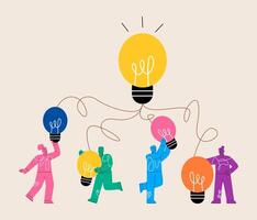 The light bulb teamwork brainstorming symbol. Successful implementation of new ideas. Colorful illustration vector