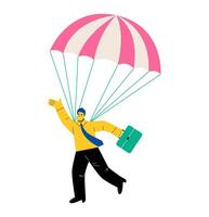 Business man descends by parachute. Concept of dismissal with guaranteed compensation. Flat illustration isolated on white background vector