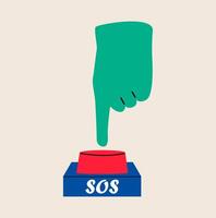 Finger presses the red button SOS. The concept of a request, call for help. Colorful illustration vector