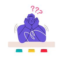 Man choose button to press feel confused and anxious. Dilemma and alternative. Colorful illustration vector
