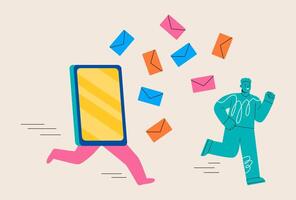 Man running away from giant smartphone, concept of person obsessed by internet notifications. Colorful illustration vector