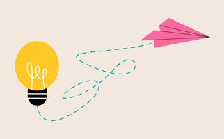 Paper plane flying up connected with light bulb. Startup business idea concept. Colorful illustration vector