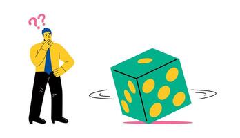 Business man guesses the number of dice. Uncertainty concept. Flat illustration isolated on white background vector