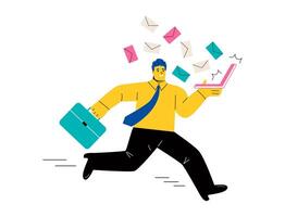 Business man is holding a laptop from which many letters fly out. Error and spam attack concept. Flat illustration isolated on white background vector