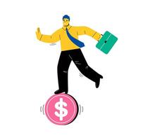 Business man standing balancing not to fail from walking on golden coin. Business financial risk concept. Flat illustration isolated on white background vector