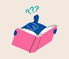 Man thinking about that he reading in the book and has a questions. Colorful illustration vector