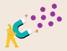 Women use magnets to attract negative thoughts. Negative thoughts. Colorful illustration vector