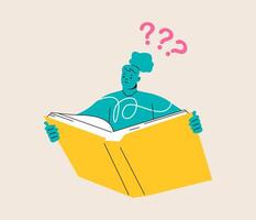 Woman thinking about that he reading in the book and has a questions. Colorful illustration vector