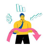 Unhappy business man hold arrow facing down. Failure concept. Flat illustration isolated on white background vector