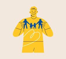 Man hold family paper model in hands. Colorful illustration vector