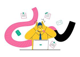 Sad, tired, exhausted business man overloaded with tasks and problems, mental health. Flat illustration isolated on white background vector